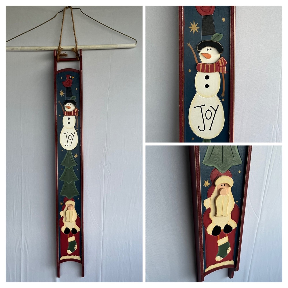 Vtg‎ 3D Wooden Hand Painted Sleigh 31" Wall Christmas Decor Cottage Farmhouse